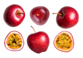 studio photograph featuring a collection of ripe red apples and halved passion fruits isolated against a dark background.