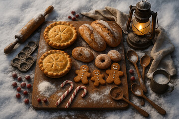 Rustic holiday baking with gingerbread cookies, pies, and rolls in a snowy setting.