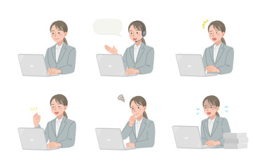 PC作業をするビジネスウーマンのイラストセット