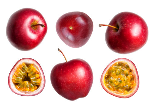 studio photograph featuring a collection of ripe red apples and halved passion fruits isolated against a dark background.
