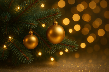 Close-up of golden Christmas decorations, needles, and glowing lights.