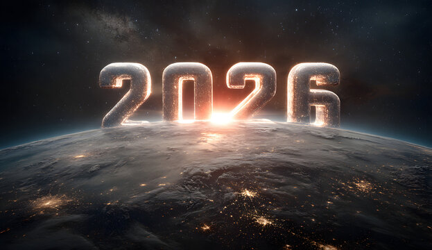 High quality photo of glowing numbers 2026 floating above planet earth in space