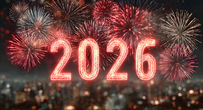 Vibrant red and pink fireworks explode in the night sky behind glowing neon numbers spelling out 2026