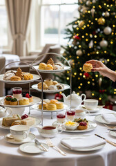 Naklejka premium Luxury Christmas Afternoon Tea With Elegant Customer Hands Holding Tea or Pastry in Festive Hotel for gourmet food promotions, hospitality marketing materials, festive campaign headers, winter menu ad