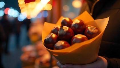 Warm roasted chestnuts held in a cone at a festive market in the evening, created with generative ai