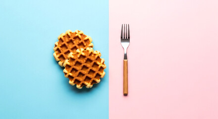 Two waffles and a fork on a split blue and pink background overhead view