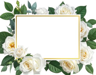 Rectangular blank space framed with delicate white roses and green foliage, elegant design