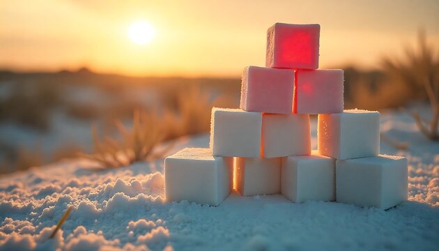 White sugar cubes stacked precariously under red warning sign. Symbolizes health risks of excess sugar intake and diet dangers. Represents caution about overconsumption, created with generative ai