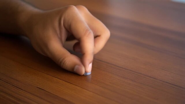 Hand poised above a tiny object on wood