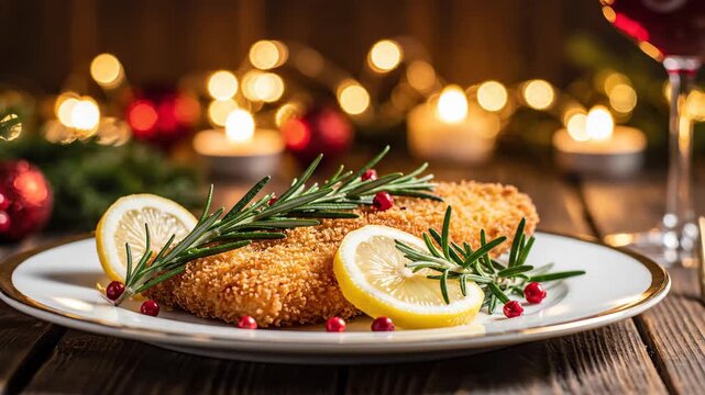Delicious golden breaded cutlet with lemon and rosemary festive dinner table bokeh lights