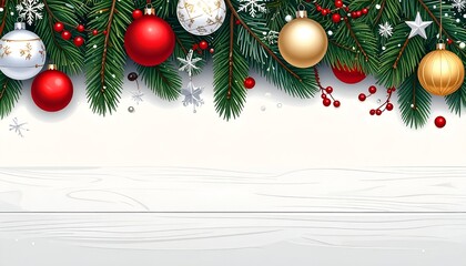 Festive holiday border with ornaments, fir branches, snow on a white wooden surface