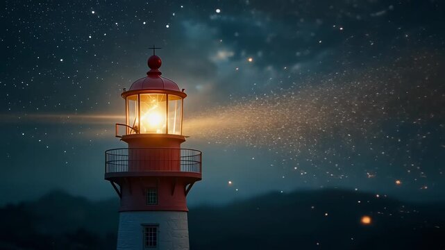 A vibrant red and white lighthouse illuminates the dark, star-filled night sky with a powerful guiding light beam.