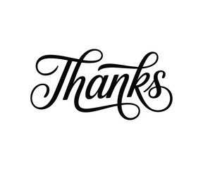 Elegant black calligraphy word thanks on white background