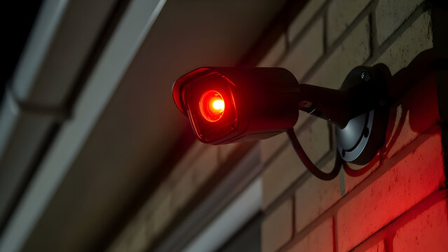 Nighttime close-up of black CCTV camera on house wall, providing video surveillance, home security, monitoring residential area, and safeguarding property against intrusions