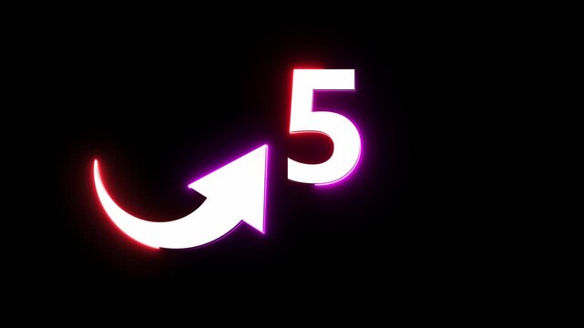 Neon count number 5 animation. Counting neon number with arrow icon animation. 