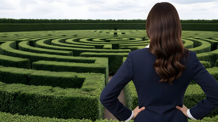 Rear Perspective of Female Professional with Dark Hair Wearing Stylish Business Suit, Looking Toward Office Building, Highlighting Modern Workplace, Executive Presence, and Corporate Setting