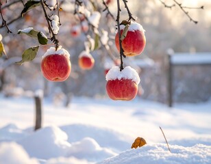 Red apples on snow-covered branches, winter scene, soft focus with blurred background