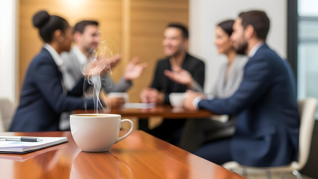 Cup of Coffee on Table with Blurred Background of Businesspeople Talking, Depicting Workplace Break, Office Coffee Moment, and Professional Meeting Atmosphere