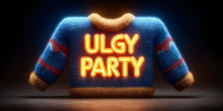 Vector marquee neon sign of Ugly Sweater Party isolated on the transparent background.