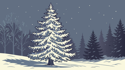 Vector illustration of a snowy Christmas tree in a winter forest landscape, perfect for a cold season holiday card design