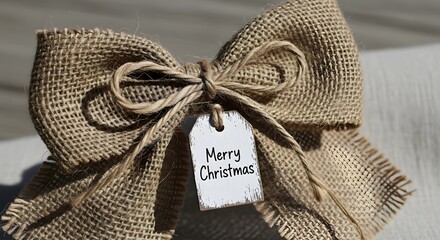 Rustic Christmas Bow Decoration with 'Merry Christmas' Tag