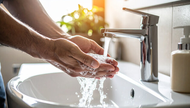 Close up of washing hands with soap under the faucet; hygiene concept