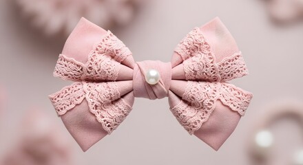 A beautifully crafted dusty pink hair bow featuring delicate lace trim and a single pearl centerpiece, perfect for accessorizing