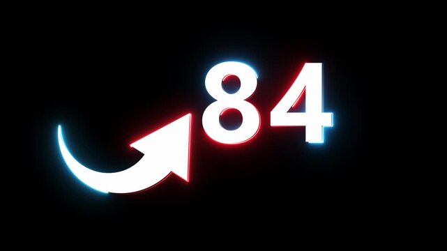Neon count number 84 animation. Counting neon number with arrow icon animation. 
