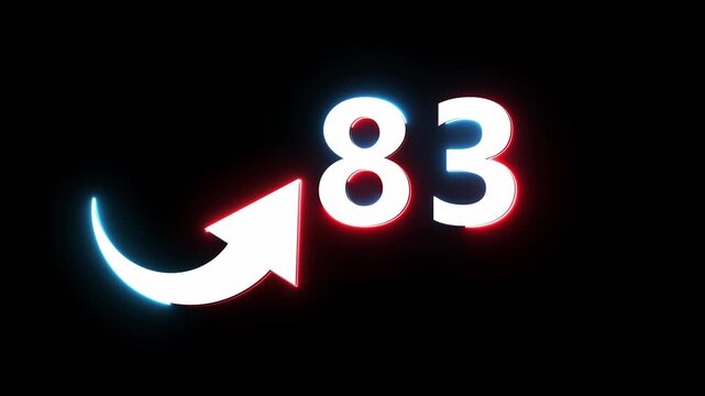 Neon count number 83 animation. Counting neon number with arrow icon animation. 
