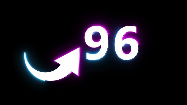 Neon count number 96 animation. Counting neon number with arrow icon animation. 