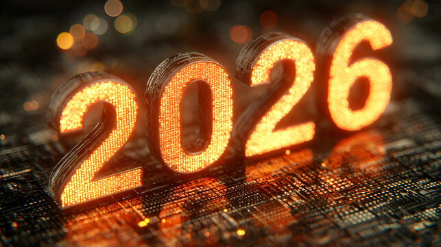 Bright orange glowing numbers forming the year 2026 illuminate a dark abstract digital background filled with intricate patterns and bokeh effects