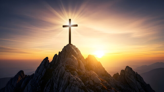 Silhouette of Wooden Cross on Rocky Mountain Peak at Sunrise Representing Christian Faith, Spirituality, and Religious Devotion in Nature Setting - Powered by Adobe