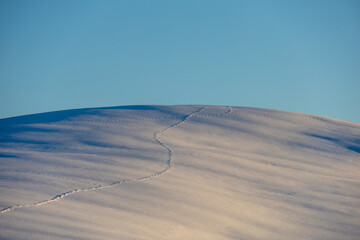 Footprints and shadows of light on a snowy hill