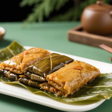 4k high quality Ai generative HD photo realistic menu selling restaurant eat dish street traditional food chinese steamed rice bakcang bacang zongzi bamboo leaf pork meat beef sausage lemper savory