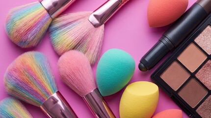 Assortment of makeup brushes and sponges on pink