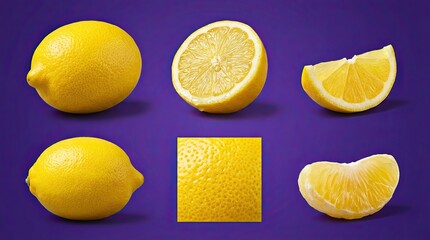 Collection of fresh lemons and their segments on a vibrant purple background