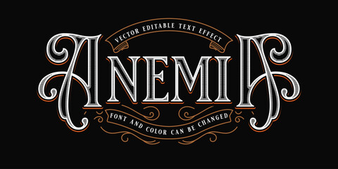 Vintage Ornate Text Effect 'ANEMIA' - Editable Vector Typography with Retro Swirls and Engraving Style