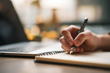Hand Writing Notes Beside Laptop in Workspace