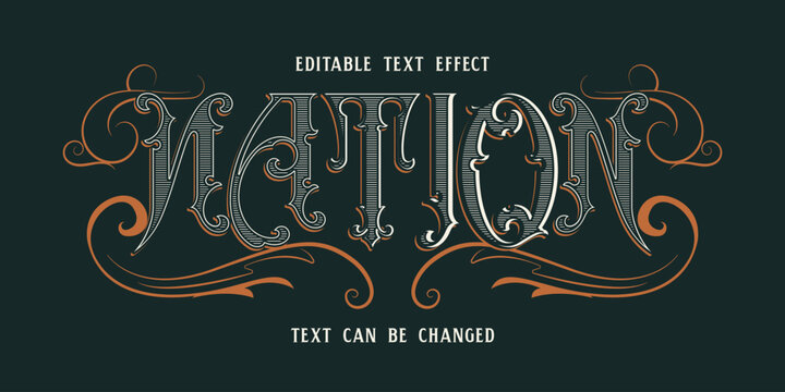 Vintage Engraved Text Effect with Ornamental Swirls - Editable Vector Design