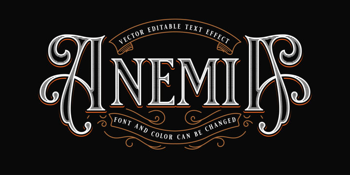 Vintage Ornate Text Effect 'ANEMIA' - Editable Vector Typography with Retro Swirls and Engraving Style