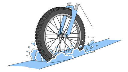 Fototapeta premium Mountain bicycle wheel riding through deep snow for winter sports and extreme adventure