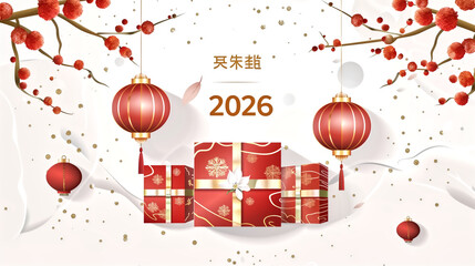 2026 flat vector style numbers, red and gold gift boxes, lantern