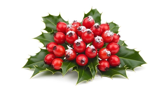 Festive cluster of vibrant red holly berries with delicate white snow on rich green leaves, symbolizing winter holidays and Christmas cheer on a clean background - Powered by Adobe