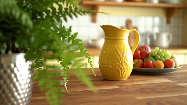 Potted green fern plant yellow pitcher fresh fruit kitchen countertop home decor