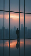 Fototapeta premium Sunrise city skyline through floor-to-ceiling windows in modern high-rise office