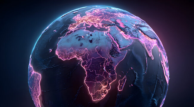 Glowing Blue Globe Centered On Africa Surrounded By Neon Pink And Purple World Map, 2026 Highlighted, Global Tech Map