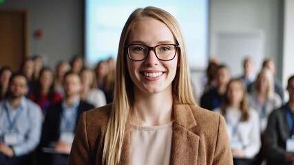 Young professional woman in glasses at conference business event