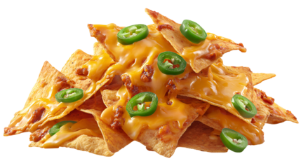 Delicious pile of crispy tortilla chips covered in melted cheddar cheese and topped with sliced jalape os isolated on transparent background