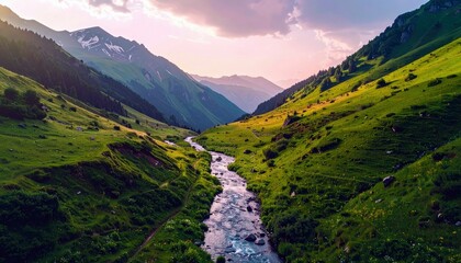 A scenic landscape featuring a river winding through a lush green valley, surrounded by mountains under a colorful sunset.