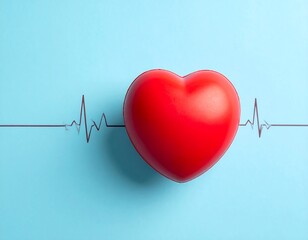 Red heart placed on a blue background with a heartbeat line illustration